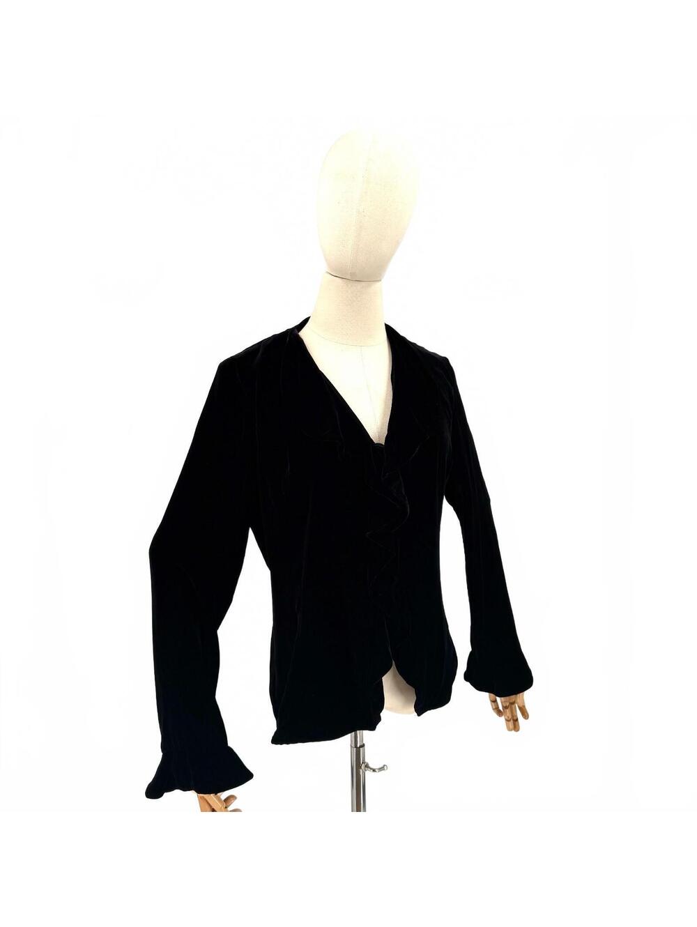 Vintage 90s DB Black Velvet Goth Ruffle Front Blouse